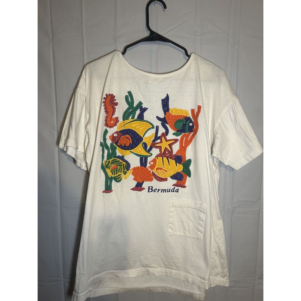 Vtg 90s Davisons of Bermuda Tropical Fish Sea Life Souvenir Pocket Tee White M